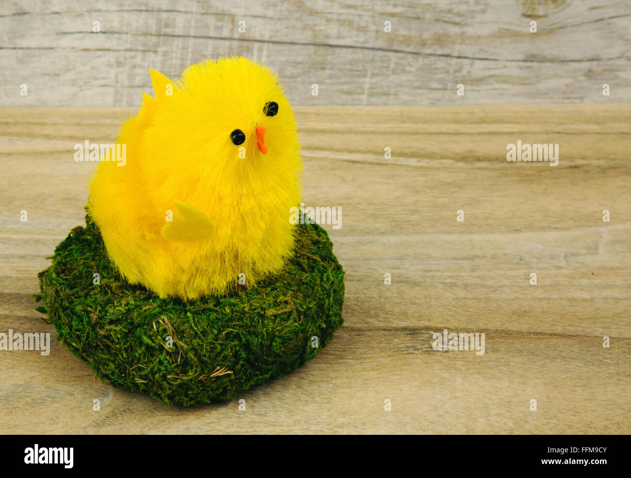 Pasqua figurine, giallo pollo in un nido di muschio verde sullo sfondo di legno vecchio tavolo. Vista orizzontale. Foto Stock