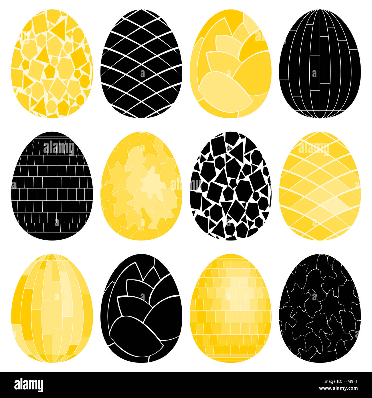 Dodici di colore giallo dorato e in bianco e nero le uova di pasqua con motivi decorativi per la ricerca delle uova. Isolato su bianco. Foto Stock