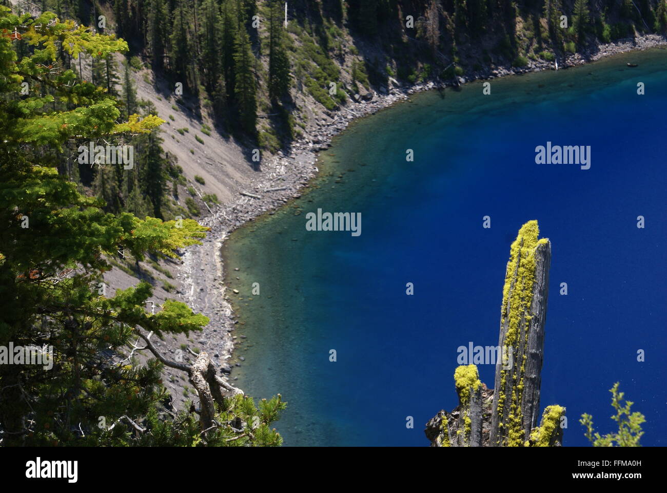 Il cratere del lago, Lago Caldera in Oregon state, formata intorno a 7700 anni fa, dal collasso vulcanico, due isole con alberi Foto Stock