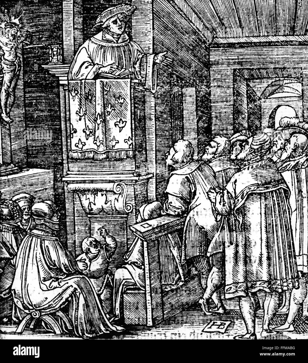 Lutero, Martin, 10.11.1483 - 18.2.1546, riformatore tedesco, predicando in una chiesa, legno, circa 1530, , Foto Stock