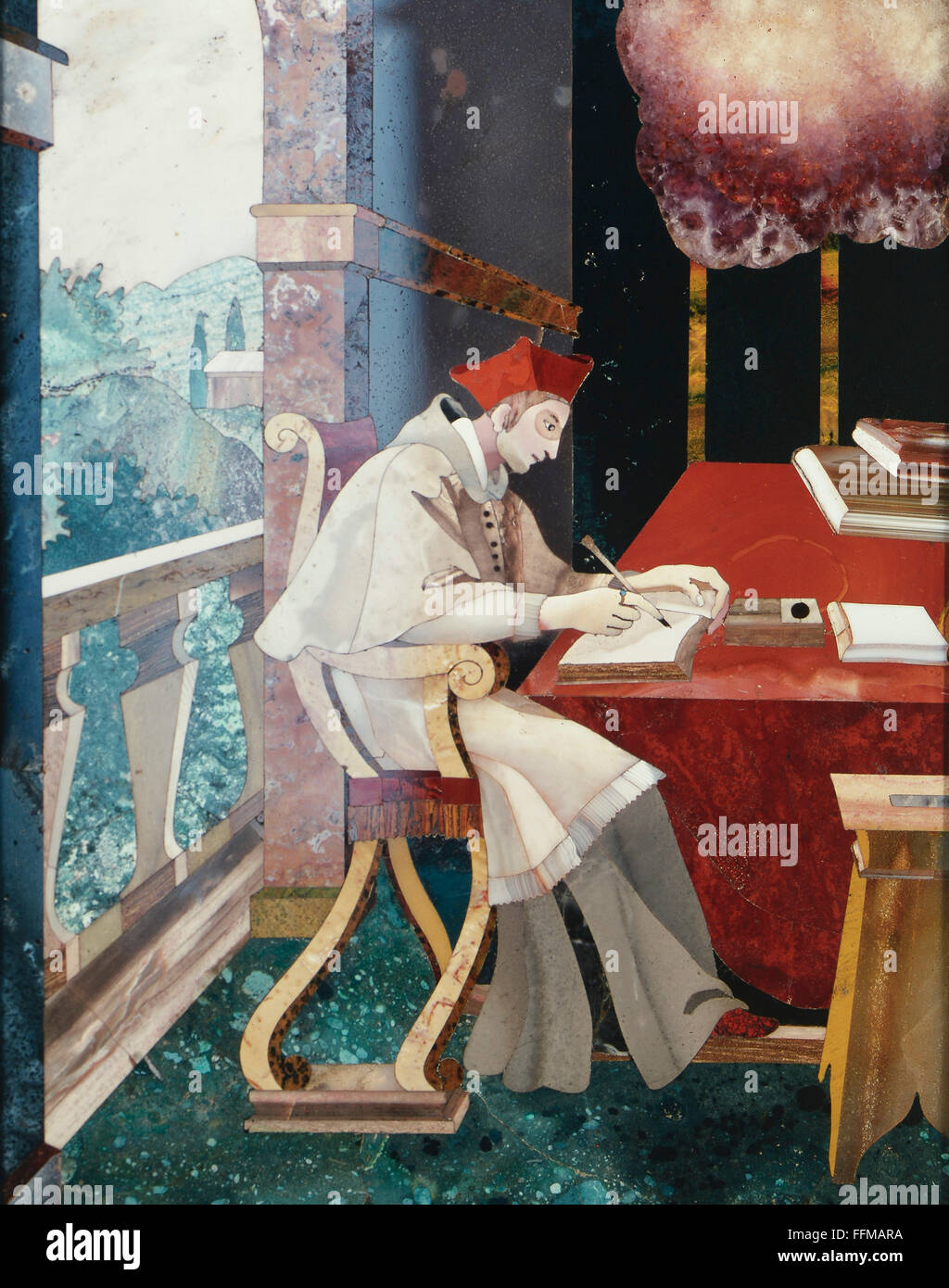 Carlo Borromeo, 2.10.1538 - 3.11.1584, cardinale Italiano e saint, a lunghezza piena, seduti alla scrivania, pietra dura, Praga, circa 1600, Museo Nazionale Bavarese, Monaco di Baviera, Foto Stock