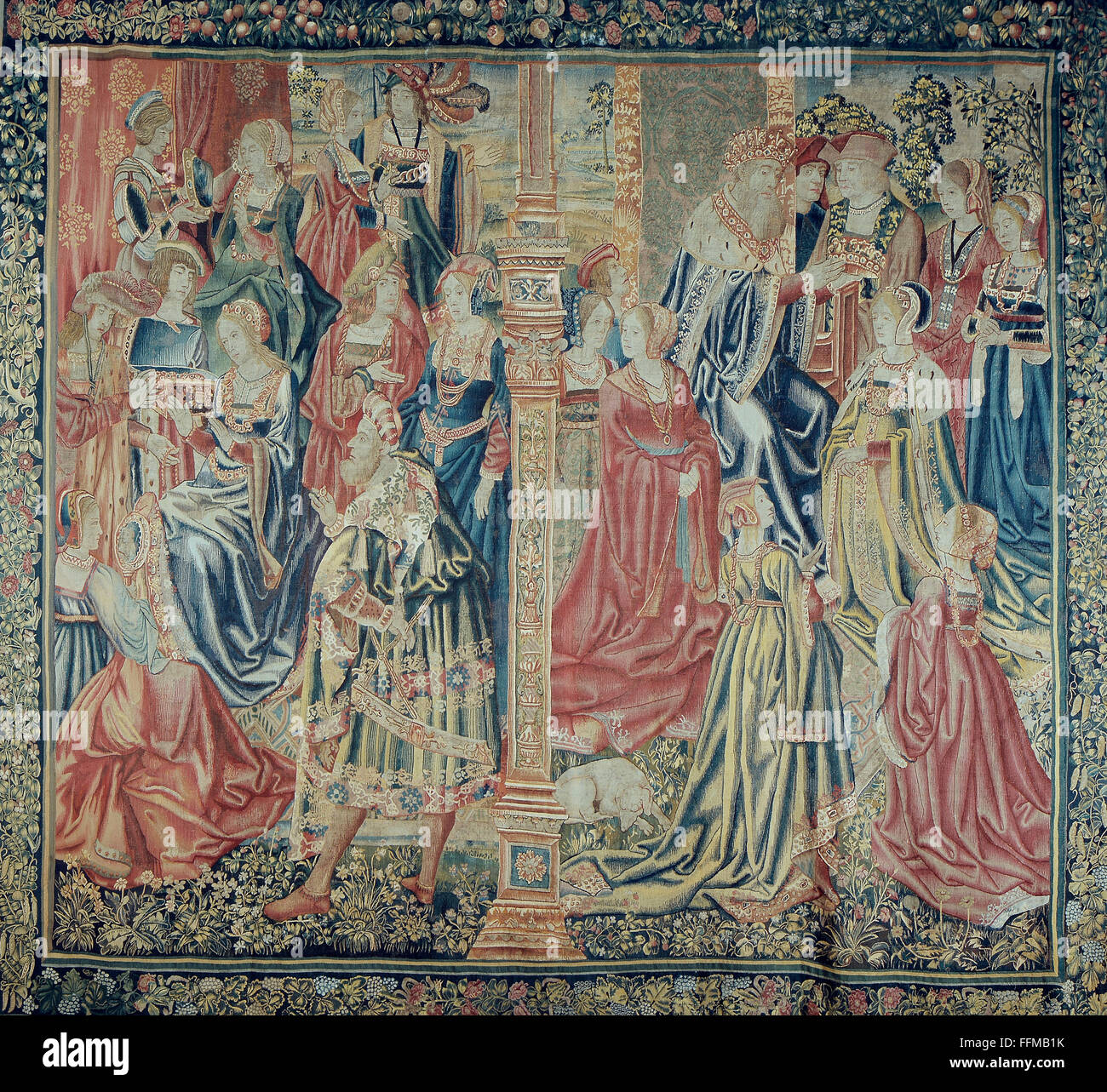 Religione, scena biblica, così chiamata 'Esther carpet', Esther adornandosi, Esther davanti al re, arazzi, Bruxelles, circa 1520 / 1530, Museo Nazionale Bavarese, Monaco, Germania, diritti aggiuntivi-clearences-non disponibile Foto Stock
