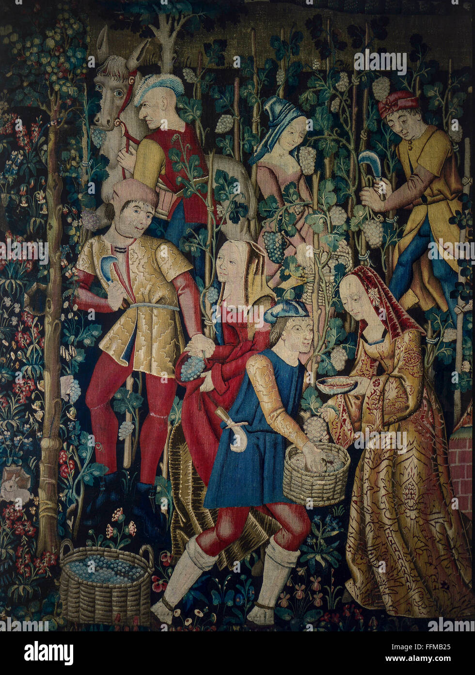 Agricoltura, viticoltura, 'vendanges', taglio e raccolta delle uve, arazzi, dettaglio, Loire, circa 1500, Musee de Cluny, Parigi, diritti-aggiuntivi-clearences-non disponibili Foto Stock