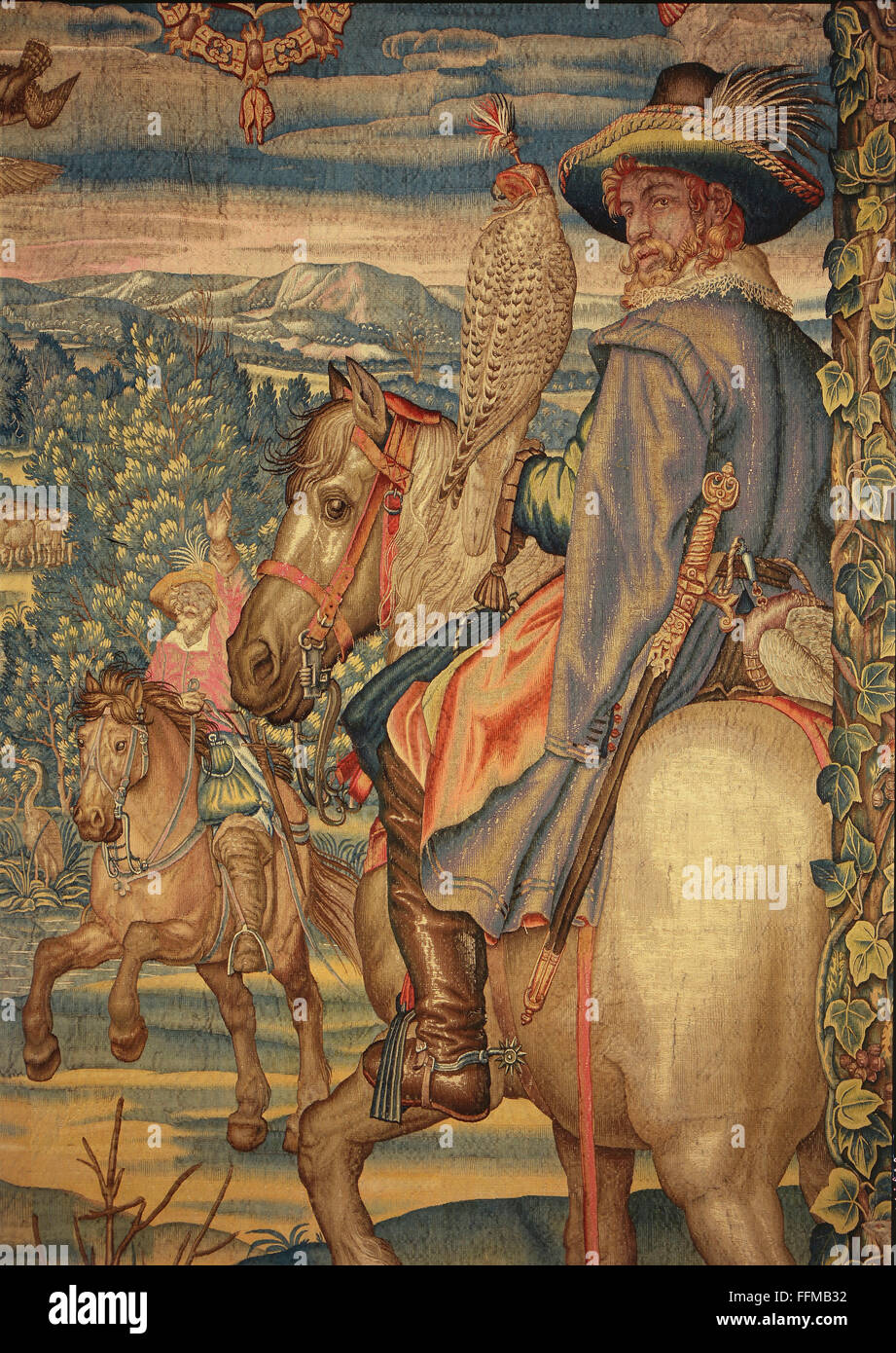 Allegorie, aprile, arazzi, dettaglio, Falconer su cavallo, da Hans van der Biest, dopo la progettazione di Peter candide, Monaco di Baviera, Germania, 1612 / 1615, residenza museo di Monaco di Baviera, artista del diritto d'autore non deve essere cancellata Foto Stock