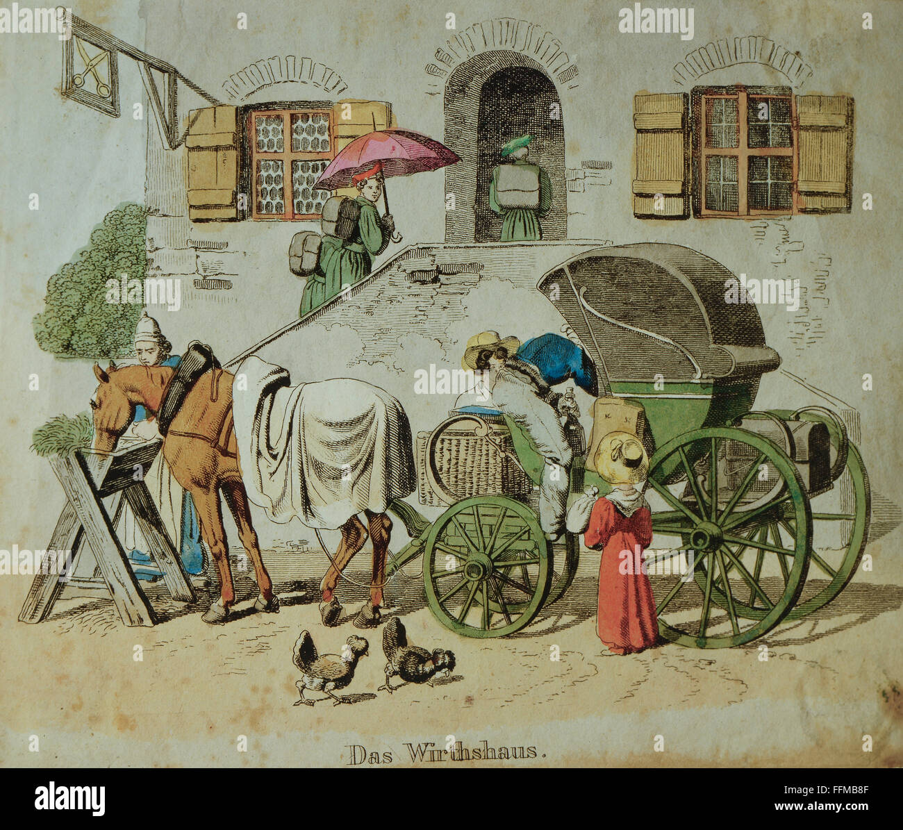 Gastronomia, taverna, 'Das Wirtshaus' (la locanda), litografia colorata, Germania meridionale, circa 1840, 14 x 17 cm, Museo Nazionale Bavarese, Monaco, Germania, diritti aggiuntivi-clearences-non disponibili Foto Stock