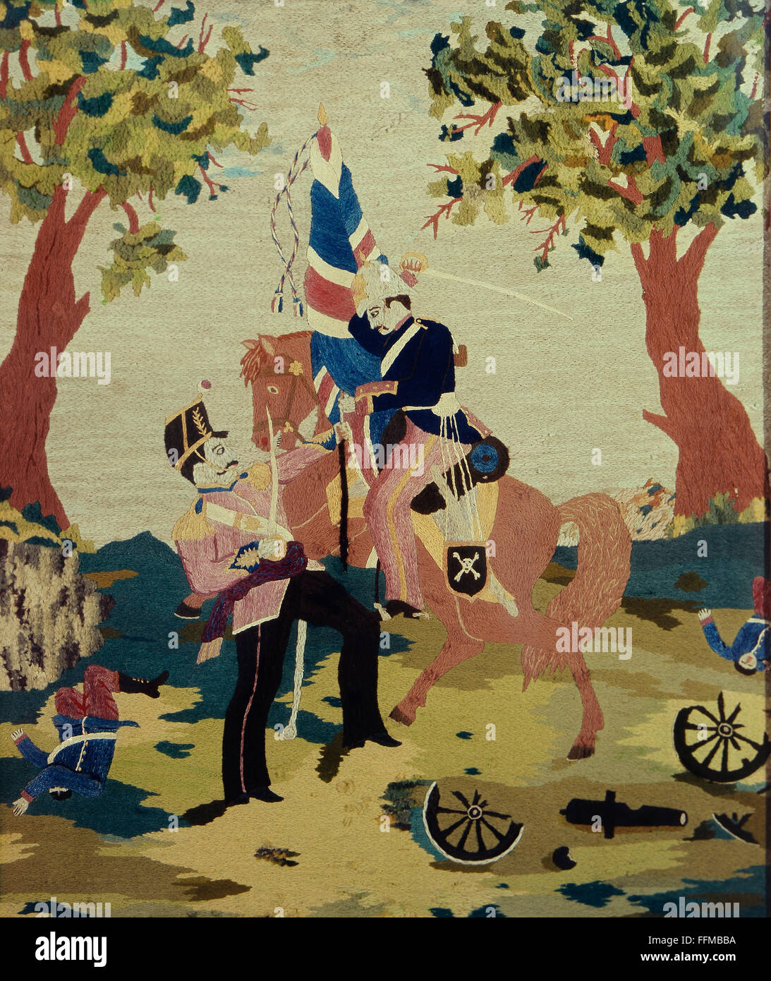 Guerra di Crimea 1853 - 1856, lana foto, Gran Bretagna, circa 1870, 52 x 44 cm, collezione privata del XIX secolo, belle arti, arte, tessili, tessile e mezza lunghezza, militare, soldati, soldato, uniforme, uniformi, Sabre, sciabole, cappuccio, tappi, casco spiked, caschi spiked, pilota, riders, cavalryman, cavalleggeri, equitazione, cavallo, cavalli, bandiera, bandiere, foto di lana, lana foto, storico, storico, maschio, Uomo, uomini, persone, artista del diritto d'autore non deve essere cancellata Foto Stock