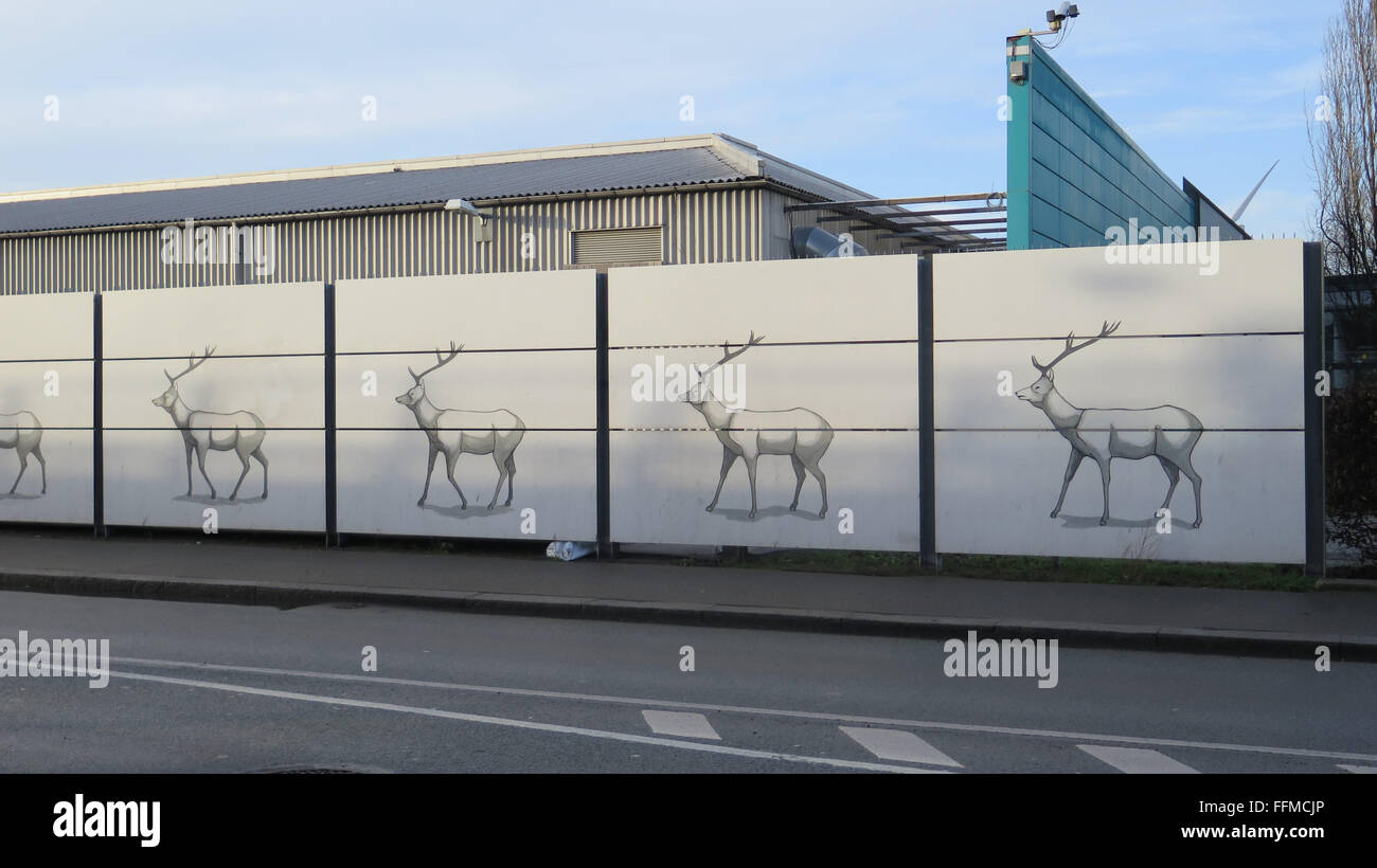 Copenhagen, Danimarca Dec 12, 2015. La renna su cartelloni intorno al sito di riqualificazione in Copenhagen Foto Stock