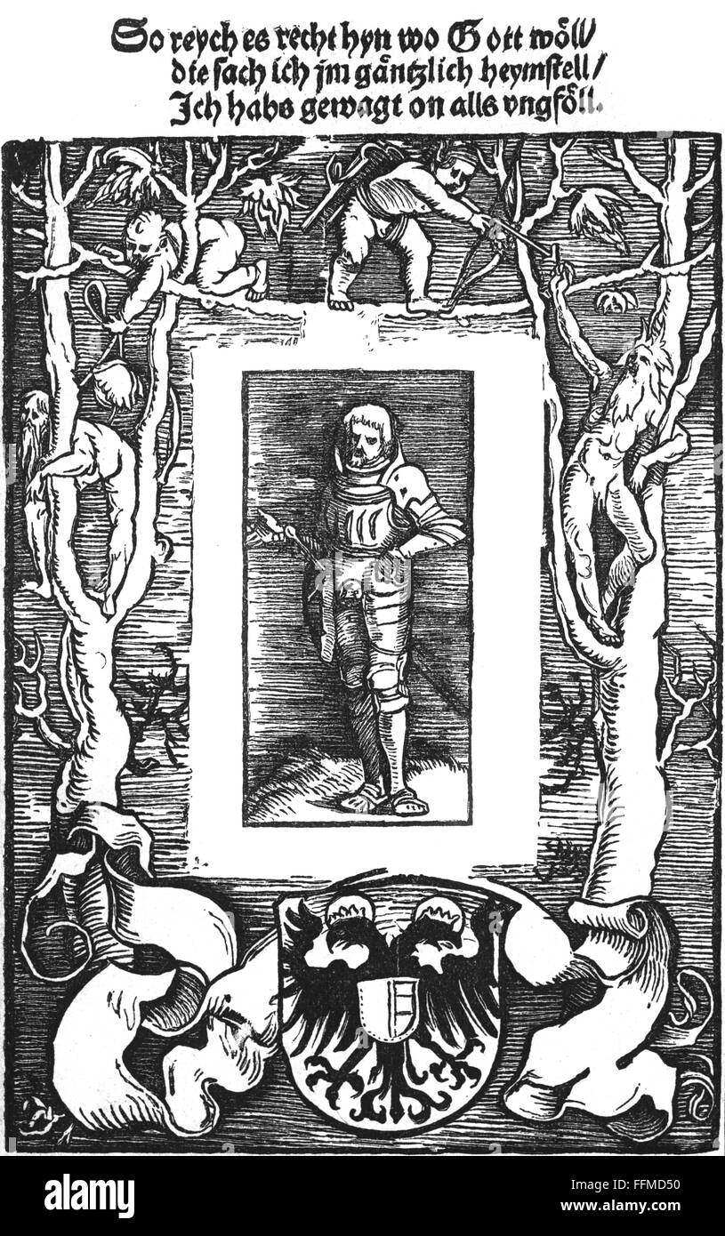 Hutten, Ulrich von, 2.4.1488 - 29.8.1523, cavaliere e umanista tedesco, opere, sartece di ane dei suoi scritti con il suo motto 'Ich habs gewagt' ('i dared'), woodcut, circa 1521, Foto Stock