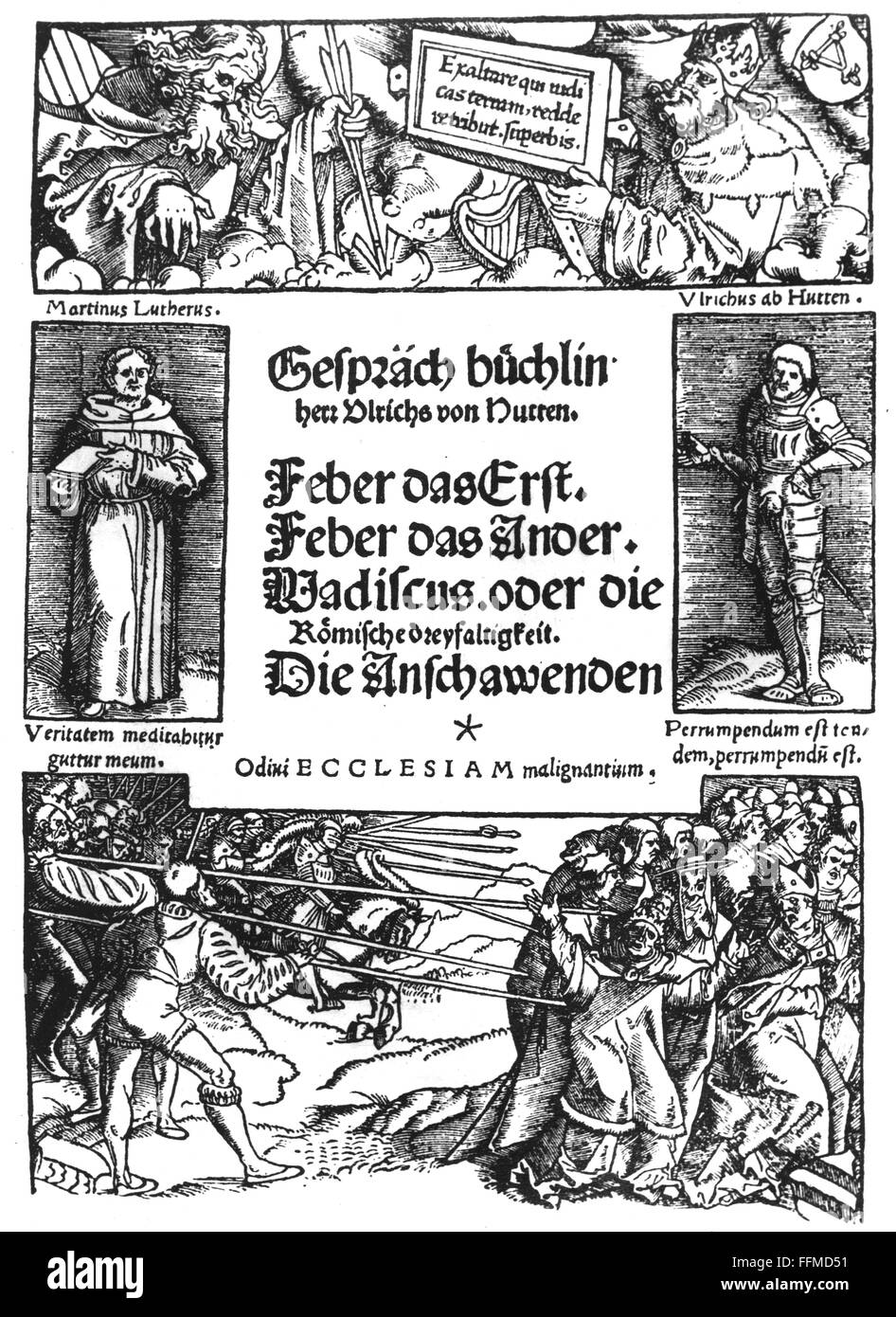 Hutten, Ulrich von, 2.4.1488 - 29.8.1523, cavaliere e umanista tedesco, opere, 'Gespraechbuechlin', cover, 1521, Foto Stock