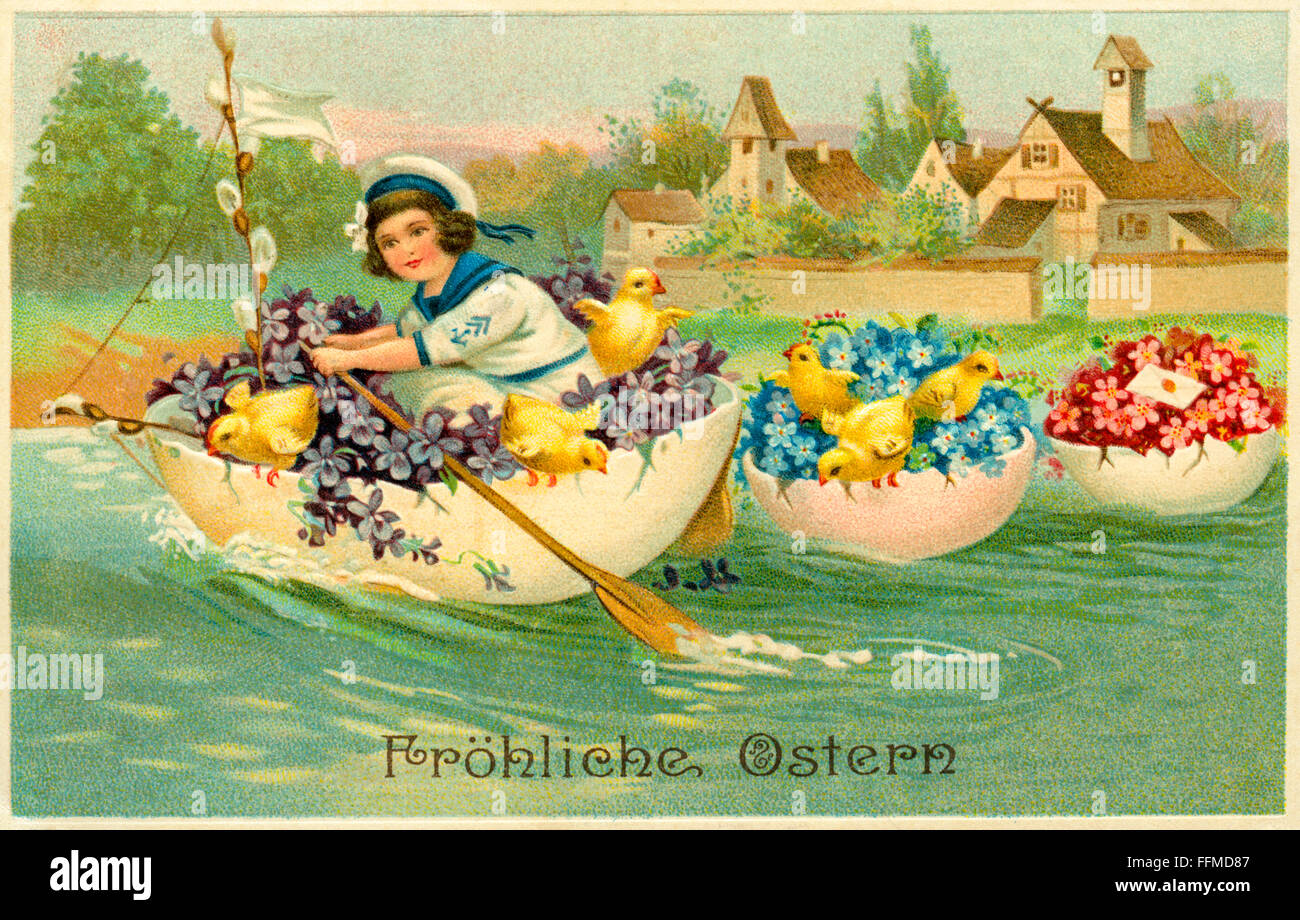 Cartolina di Pasqua, 'Pasqua felice', pagaia femminile marinaio in mezzo uova adornate con fiori, inviato 1919 , diritti aggiuntivi-clearences-non disponibile Foto Stock