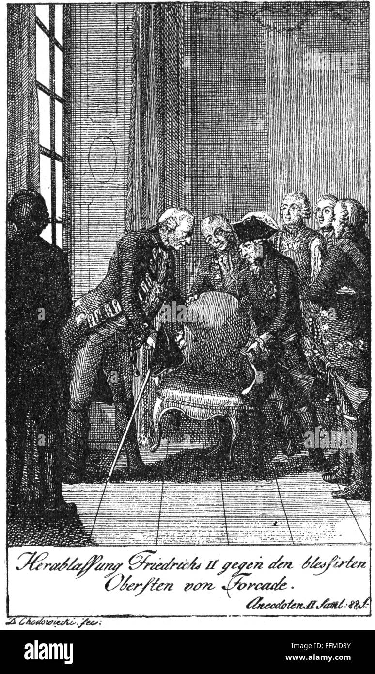 Fordade de Biaix, Friedrich Wilhelm Quirin von, 10.2.1698 - 23.3.1765, generale prussiano, re Federico II 'il Grande' gli offre una sedia, 1746, incisione di Daniel Chodowiecki, 'Aneddoti e tratti di carattere di Federico il secondo Re di Prussia', 1788, Foto Stock