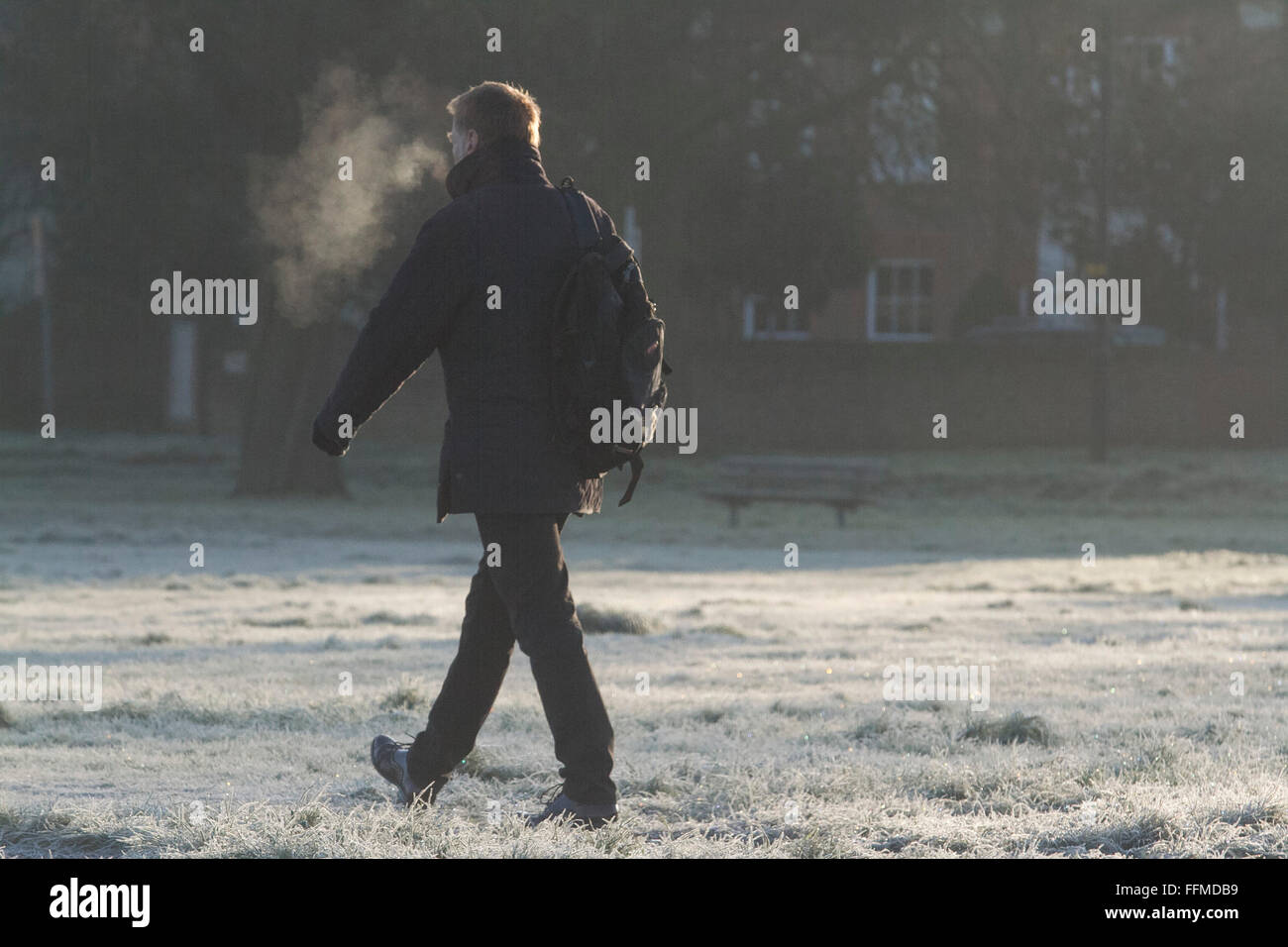 Il torneo di Wimbledon, Londra, Regno Unito. Il 16 febbraio, 2016. Meteo REGNO UNITO: la gente a piedi su Wimbledon Common coperto di brina in una fredda mattina con temperature meteo scenda a zero per i prossimi giorni nella capitale Credito: amer ghazzal/Alamy Live News Foto Stock