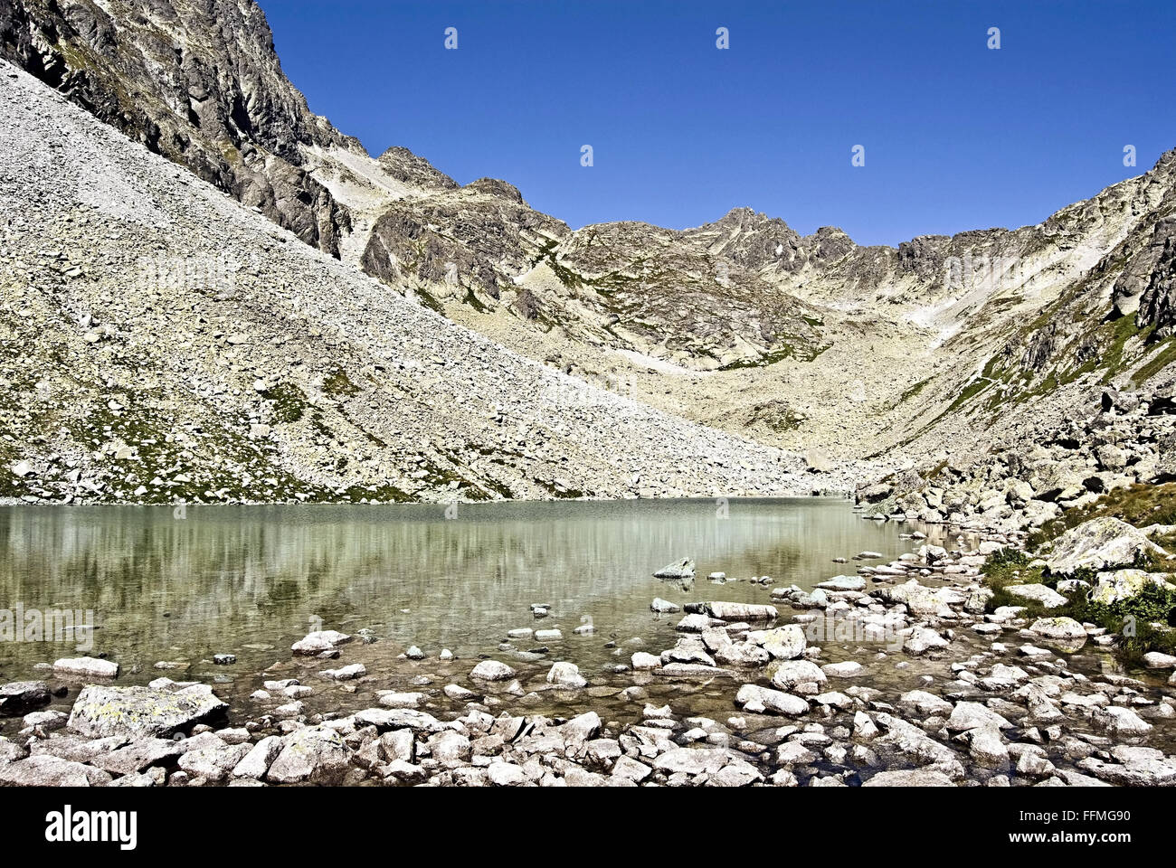 Dlhe pleso lago con picchi intorno e cielo chiaro su Velicka dolina valley in Alti Tatra Foto Stock