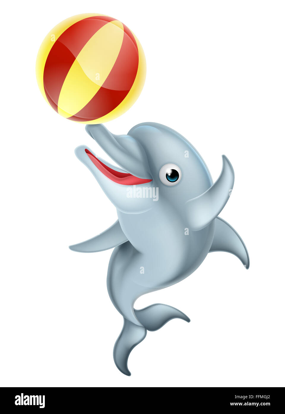Un felice cartoon delfino giocare con un pallone gonfiabile Foto Stock