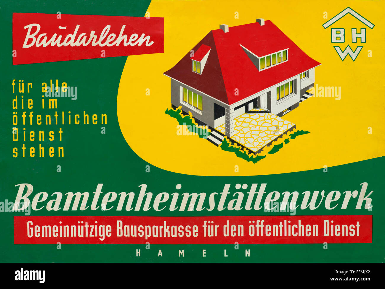 Pubblicità, pubblicità per la società edile, BHW, Beamtenheimstaettenwerk, Hameln, fondata nel 1928, società edile per funzionari pubblici, società edile senza scopo di lucro per il servizio pubblico, Germania, circa 1958, diritti aggiuntivi-clearences-non disponibili Foto Stock