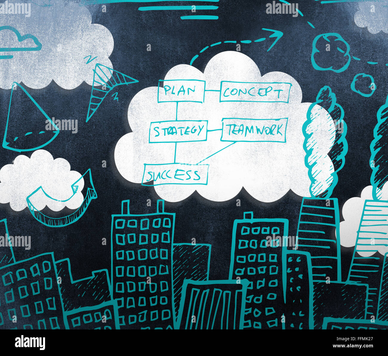 Immagine composita del paesaggio urbano con un brainstorming doodle Foto Stock