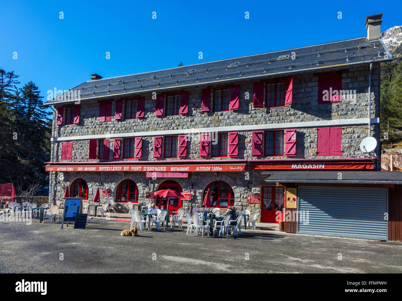 Ristorante, hotel, Pont d'Espagne, Spagnolo bridge, Cauterets, Midi Pirenei, Pirenei, Dipartimento Hautes-Pyrenees, Francia Foto Stock