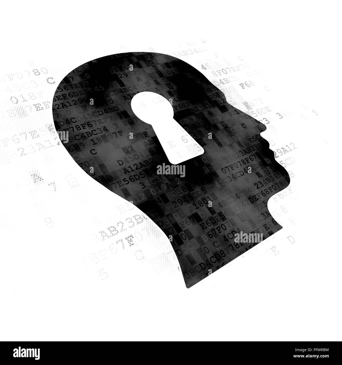Concetto di dati: testa con la tecnica Keyhole su sfondo digitale Foto Stock