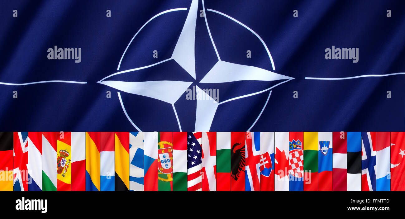Le 28 bandiere dei paesi della NATO - Organizzazione del Trattato del Nord Atlantico Foto Stock