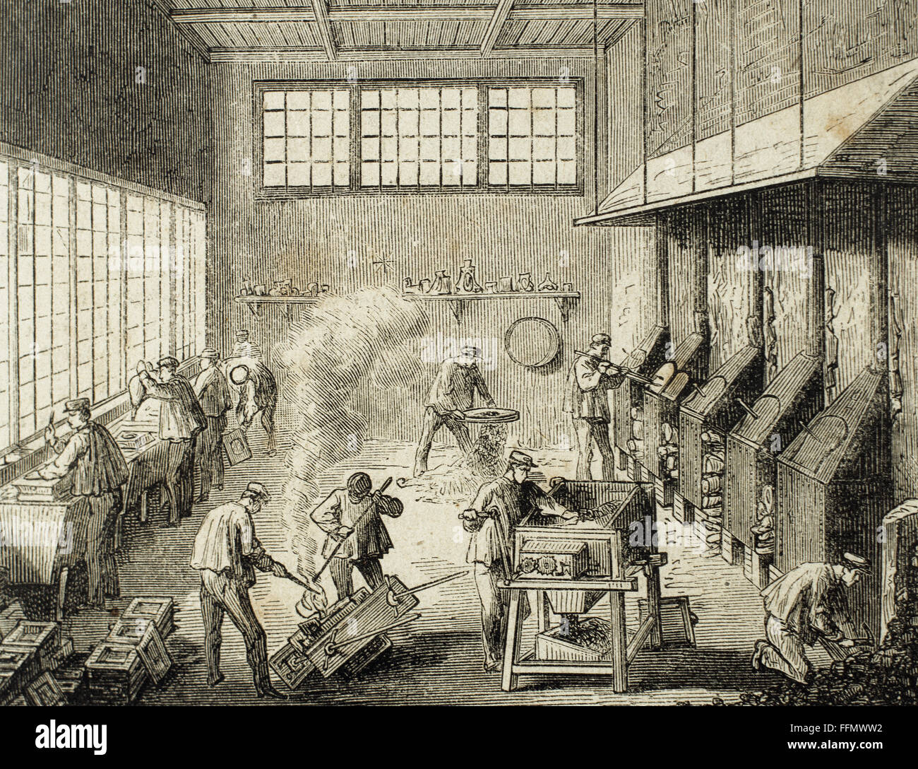 Spagna. Colata di metallo fabbrica fondata da Leoncio Meneses, denominato 'Silver Meneses'. Lavoratori che lavorano sulla camera di colata. Incisione di Urrabieta in 'La Ilustración Española y Americana ", 1872. Foto Stock