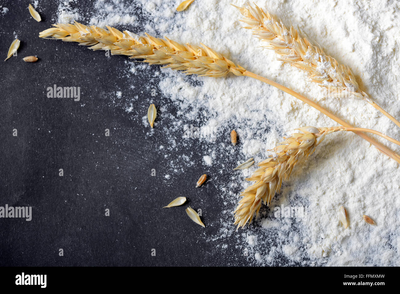 Tutta la farina di frumento e orecchie sul bordo nero Foto Stock