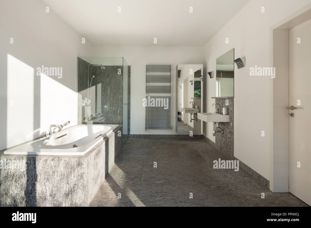 Interno, bagno moderno di una casa, vasca da bagno e doccia Foto Stock
