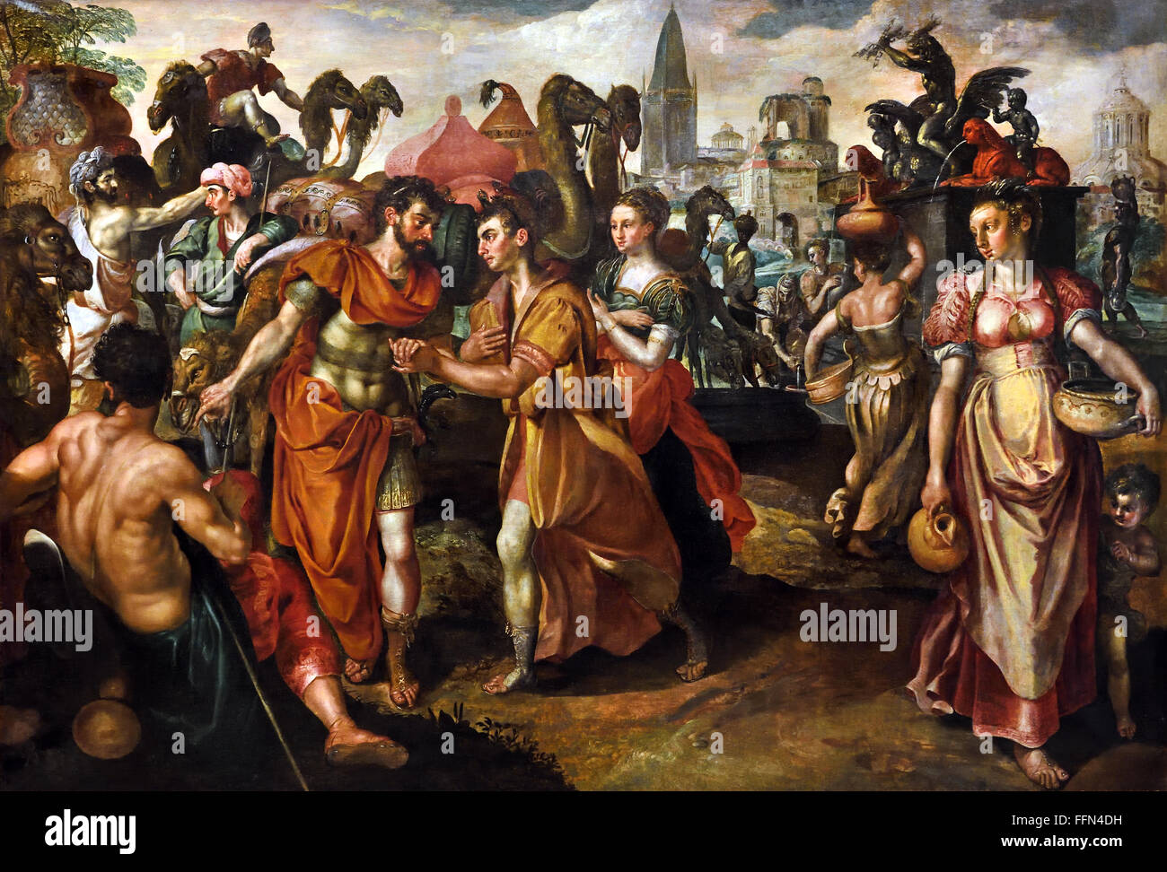 Labano fratello di Rebecca picks Eliezer alla fontana. 1563 martora () Martin de Vos 1532 1603 belga fiamminga del Belgio Foto Stock