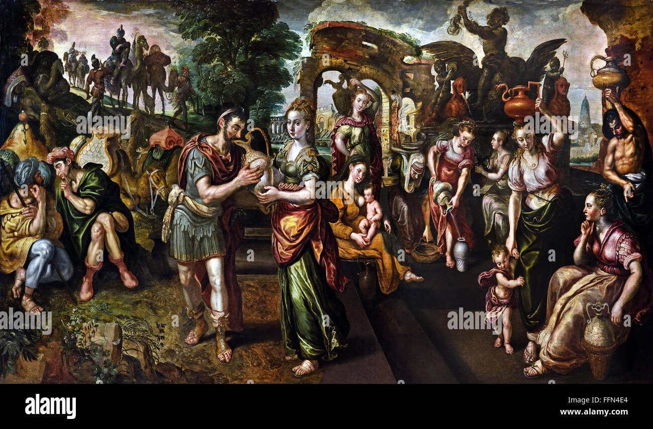 La riunione di Eliezer e Rebecca presso la fontana 1563 martora () Martin de Vos 1532 1603 belga fiamminga del Belgio Foto Stock