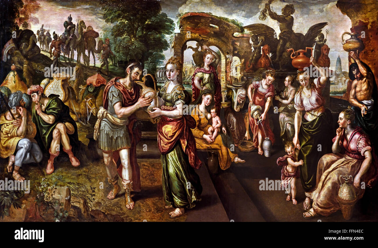 La riunione di Eliezer e Rebecca presso la fontana 1563 martora () Martin de Vos 1532 1603 belga fiamminga del Belgio Foto Stock