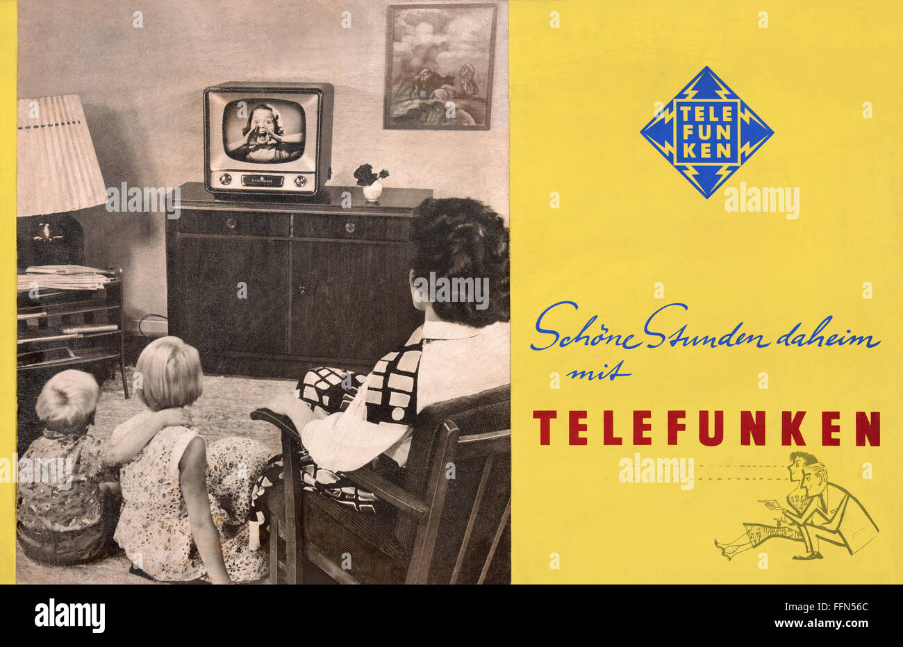 Trasmissione, televisione, poster pubblicitario per il televisore Telefunken FE 12/43T, diagonale schermo 43 centimetri, a quel tempo prezzo originale 868 Deutschmark, spettatore televisivo davanti allo schermo, slogan pubblicitario 'chöne Stunden daheim mit Telefunken', Germania, 1956, diritti aggiuntivi-clearences-non disponibile Foto Stock