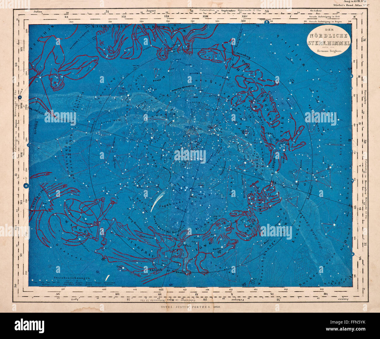 Astrologia, segno, cielo stellato settentrionale con segno dello zodiaco, progettato da Hermann Berghaus, da 'Hand-Atlas ueber alle Theile der Erde und ueber das Weltgebaeude', casa editrice Justus Perthes, Gotha, Germania, 1860, diritti aggiuntivi-clearences-non disponibili Foto Stock