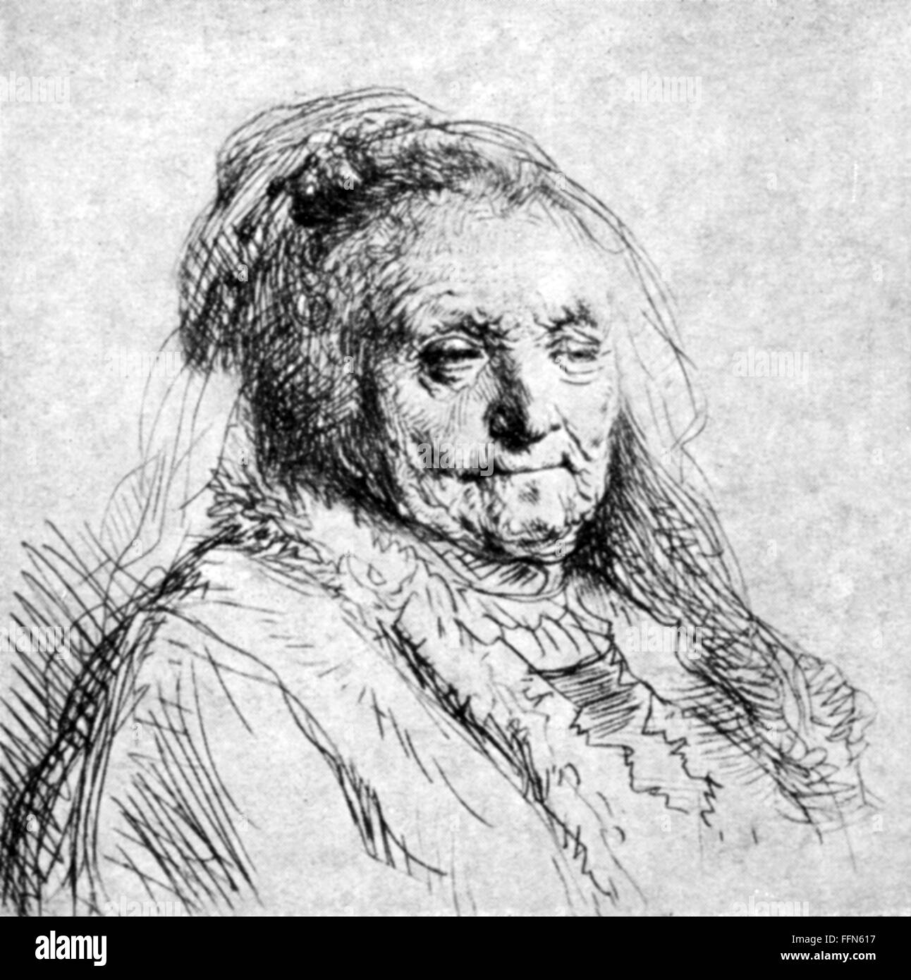 Zujtbrouck, Neeltgen Willemsdochter van, circa 1568 - 14.9.1640, madre di Rembrandt Harmenszoon van Rijn, ritratto, disegno a penna di Rembrandt, 1628, Foto Stock