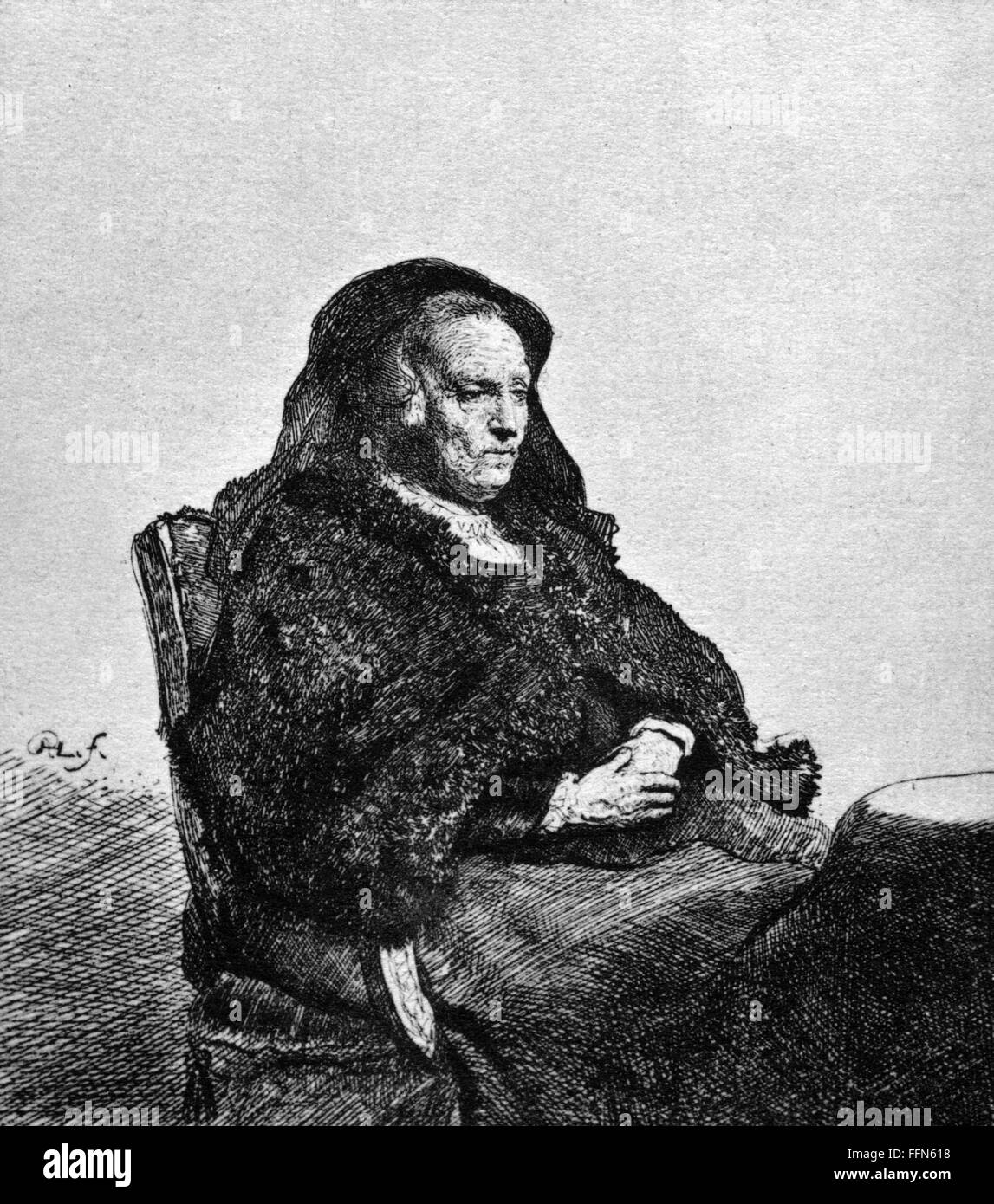 Zujtbrouck, Neeltgen Willemsdochter van, circa 1568 - 14.9.1640, madre di Rembrandt Harmenszoon van Rijn, a mezza lunghezza, incisione di Rembrandt, 1631, Foto Stock