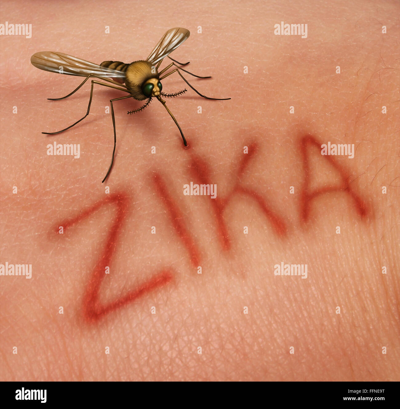Zika concetto di malattia come un rischio virus simbolo con una malattia pericolosa zanzara che porta la formazione di testo sulla pelle umana che rappresenta il pericolo di trasmissione di infezione attraverso il bug morsi risultante in zika febbre. Foto Stock