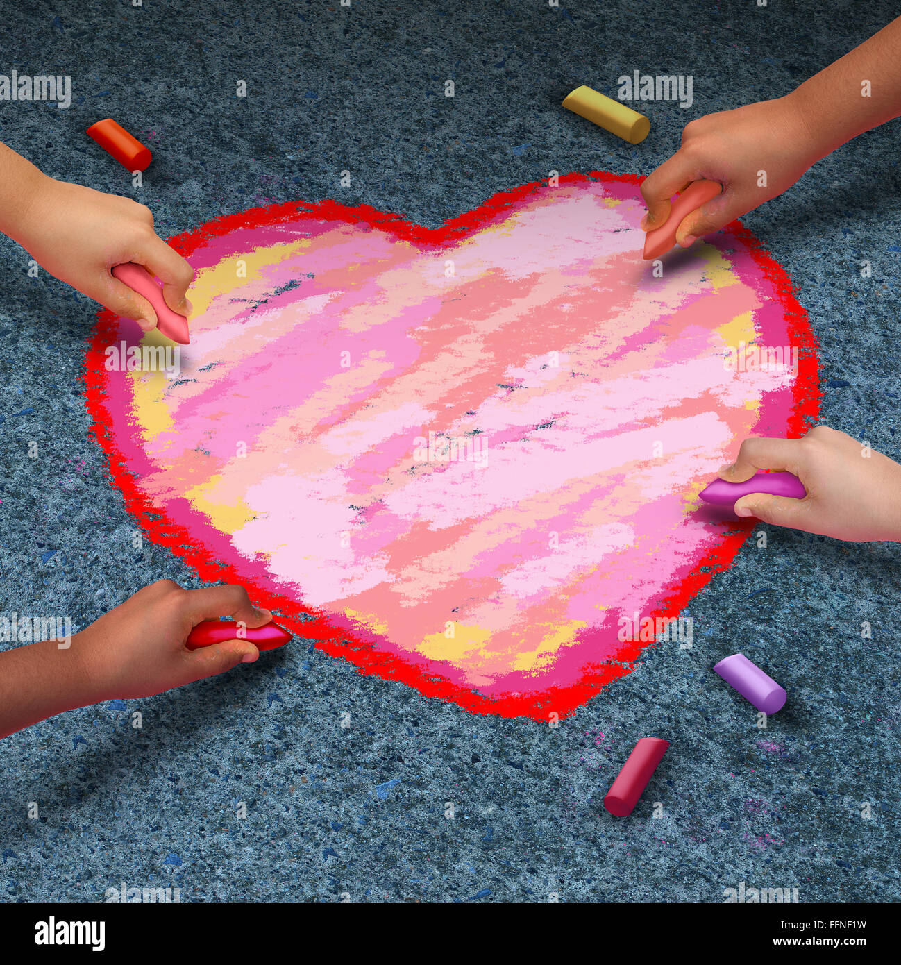 Comunità il concetto di amore come un gruppo di persone che sostengono di chalk disegno a forma di cuore su un pavimento piano come una metafora del team e l'espressione di gratitudine o un il giorno di San Valentino festa. Foto Stock