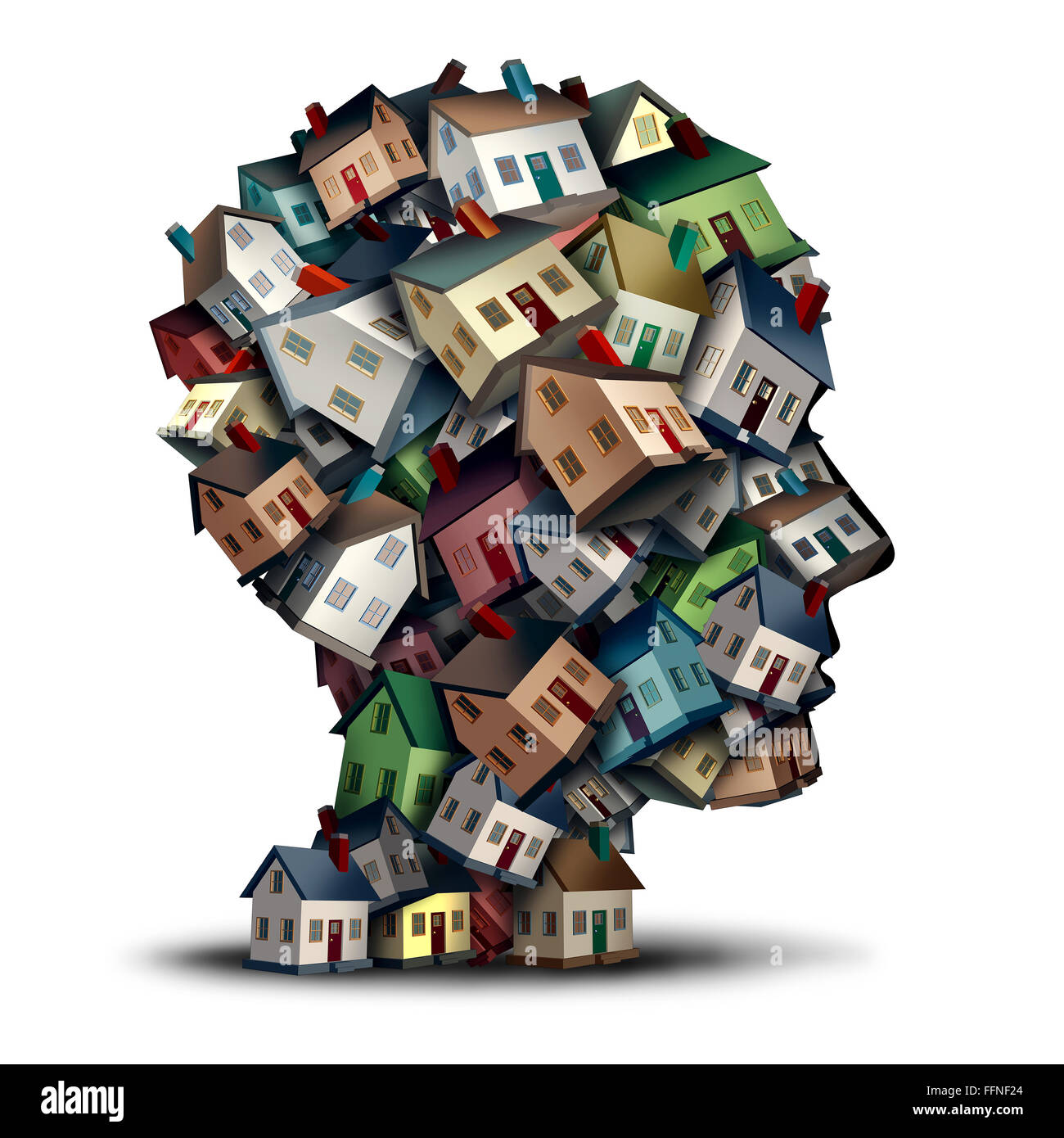 Agente immobiliare simbolo e pensando di home tassi ipotecari nozione come un gruppo di case o di case a forma di una testa umana agente immobiliare di una casa o di prestito immobiliare industria broker. Foto Stock