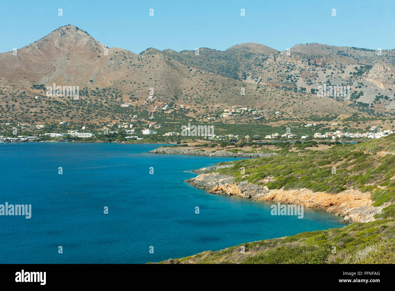 Griechenland, Kreta, Elounda bei Agios Nikolalaos, vorgelagerte Halbinsel Spinalonga Foto Stock