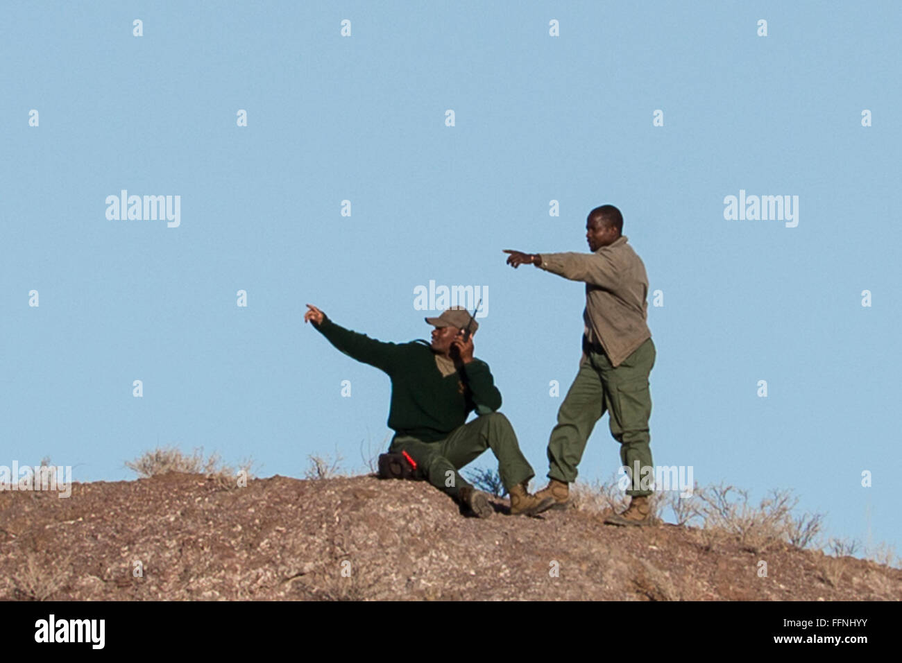 'Salva il Rhino Trust' spotter (operai) cercando deserto adattato, Rinoceronte nero, Damaraland, Namibia Foto Stock