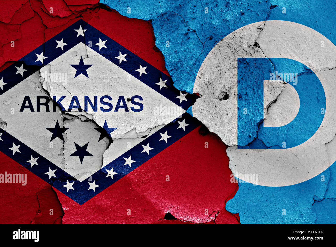 Bandiera dell'Arkansas e democratici dipinta sulla parete incrinato Foto Stock