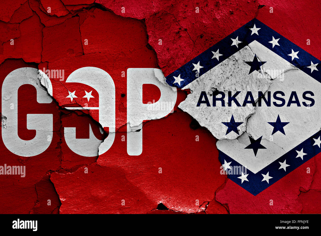 Bandiera del GOP e Arkansas dipinta sulla parete incrinato Foto Stock