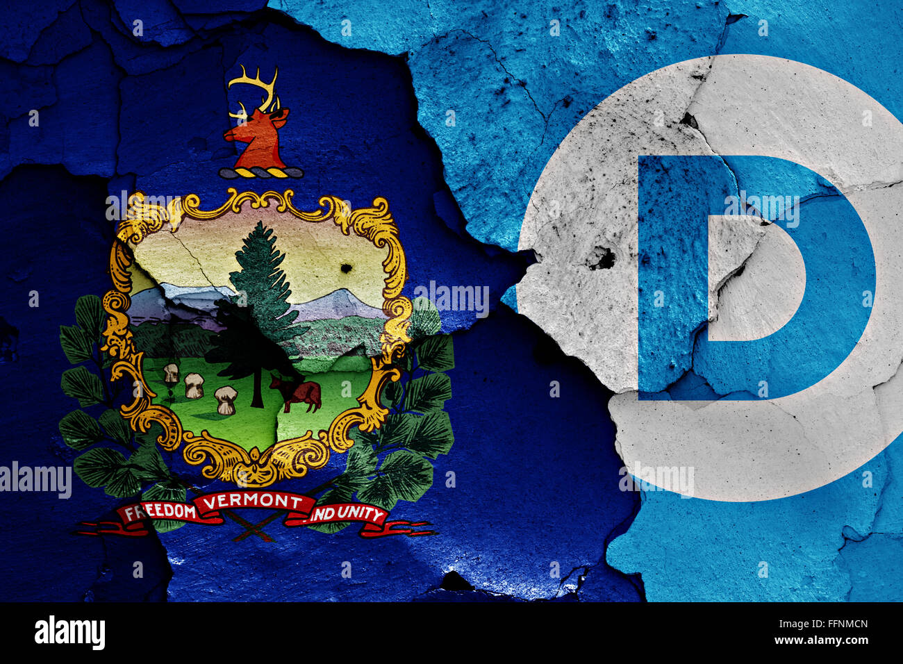 Bandiera del Vermont e democratici dipinta sulla parete incrinato Foto Stock
