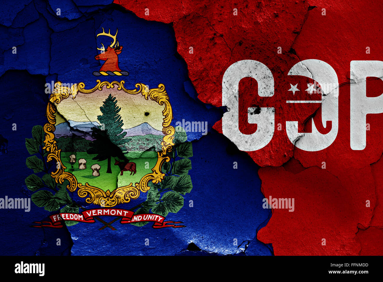 Bandiera del Vermont e GOP dipinta sulla parete incrinato Foto Stock
