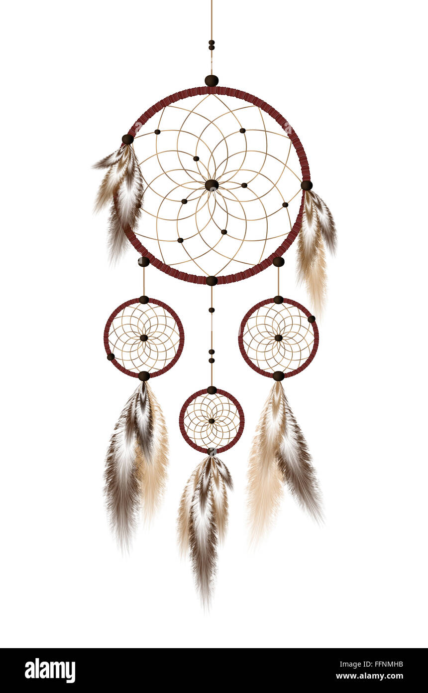 Dream Catcher con perle e piume nei colori beige e marrone isolati su sfondo bianco Foto Stock