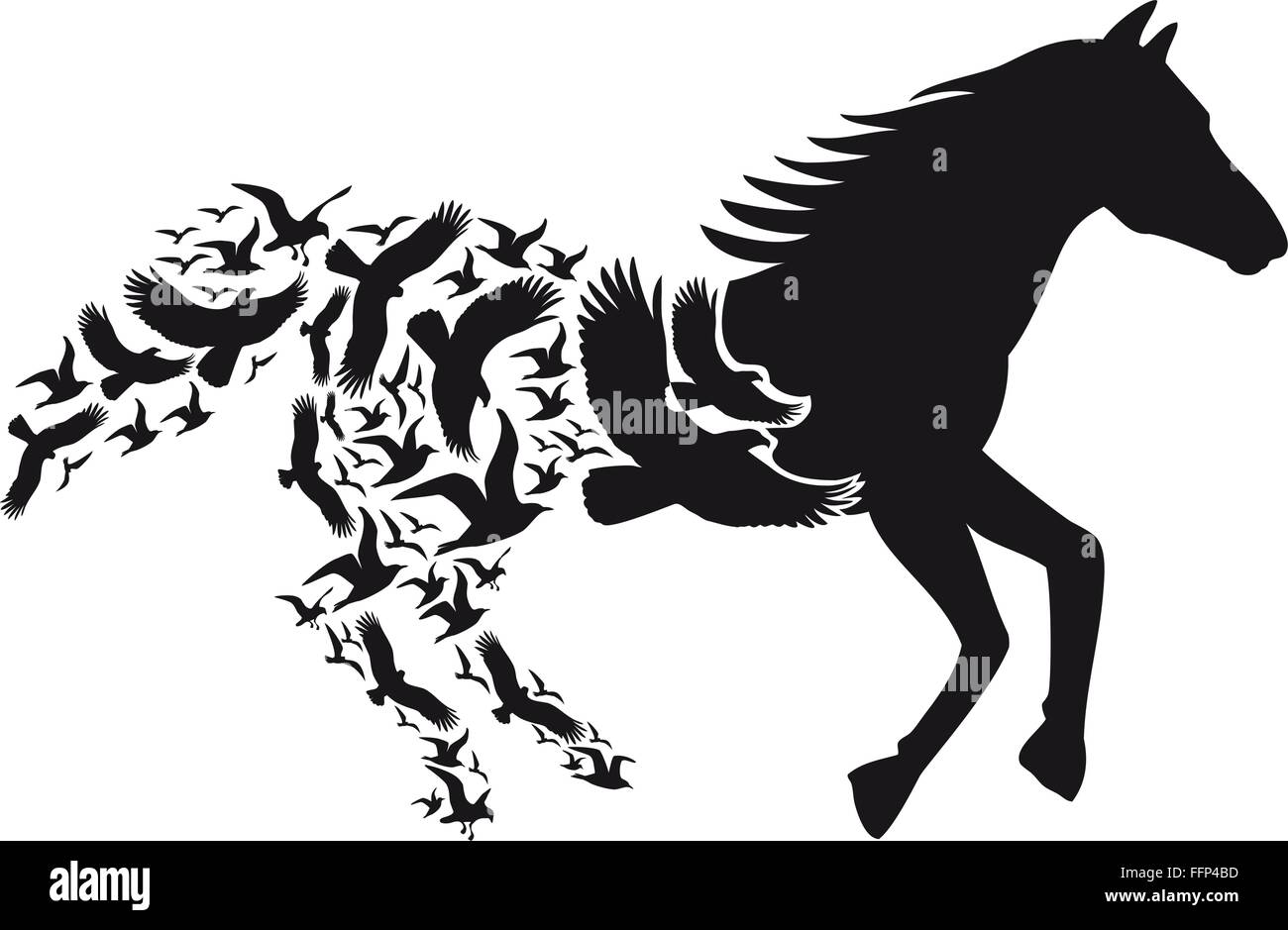 Cavallo nero silhouette con uccelli in volo, illustrazione vettoriale Illustrazione Vettoriale