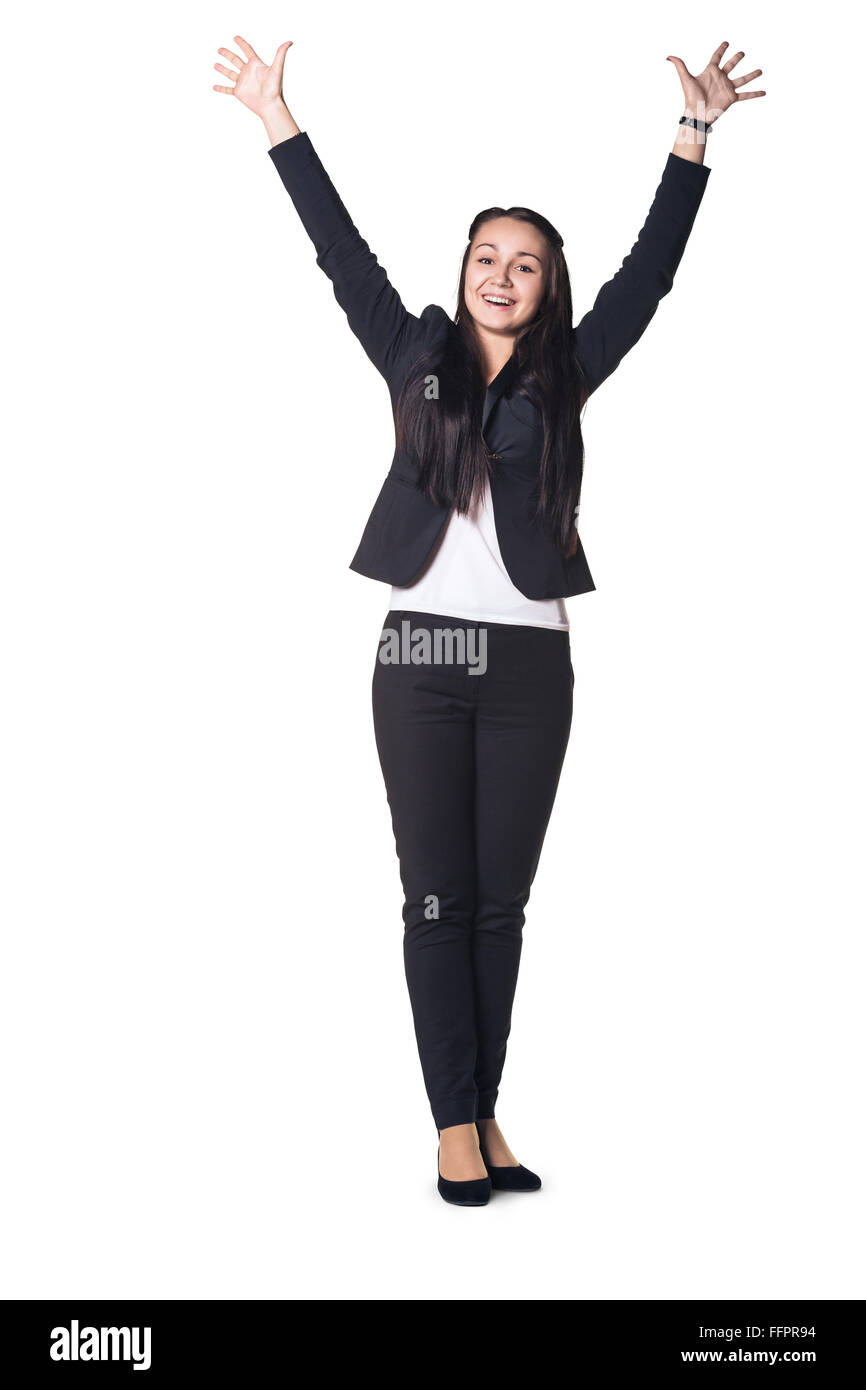 Business sorpreso donna sorridente con in alto le mani, isolato su sfondo bianco Foto Stock