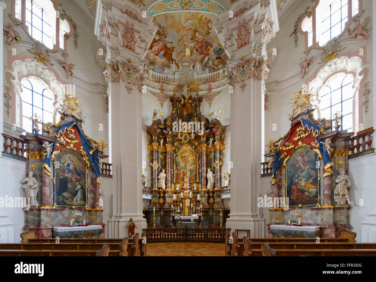 Altari, la Chiesa del pellegrinaggio di San Pietro e Paolo in Steinhausen, Bad Schussenried, Alta Svevia, Svevia, Baden-Württemberg Foto Stock