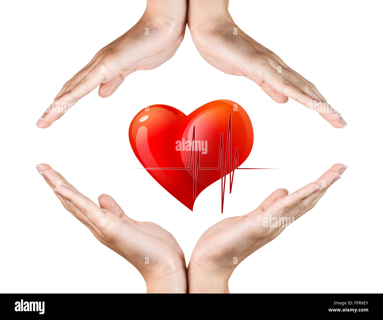 Cuore rosso nelle mani di una donna . Il concetto di protezione Foto Stock