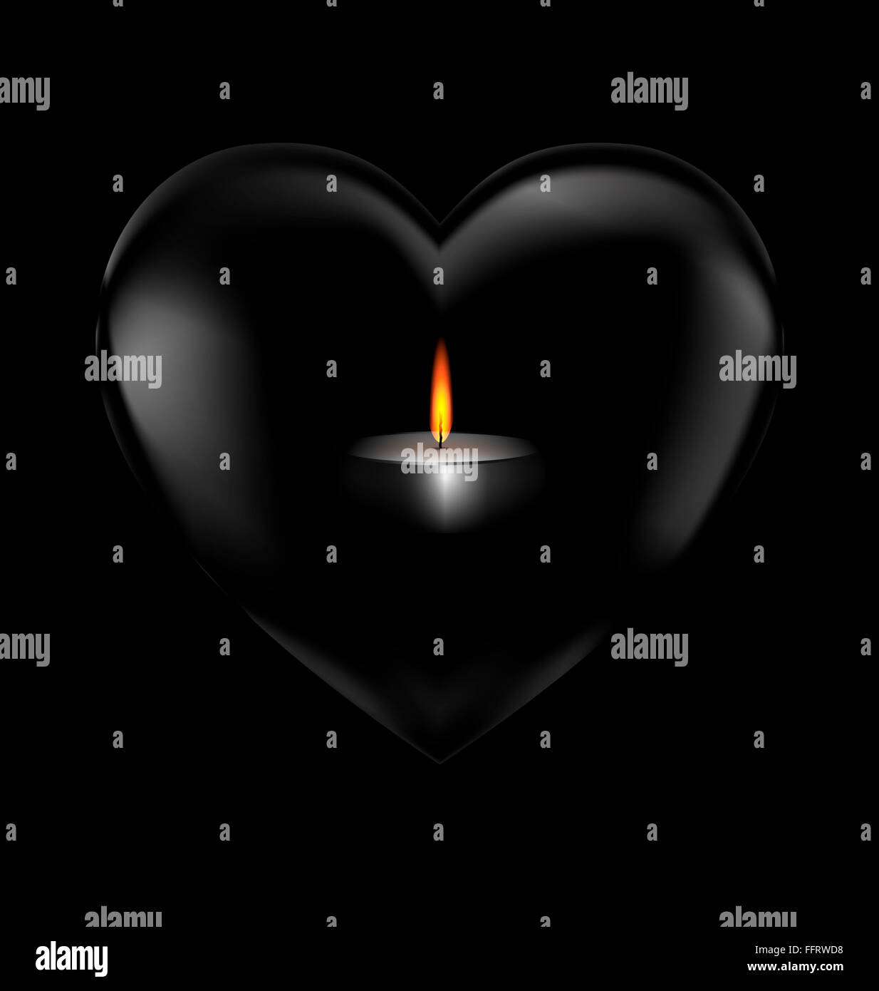Cuore nero con la candela che brucia all'interno Foto stock - Alamy