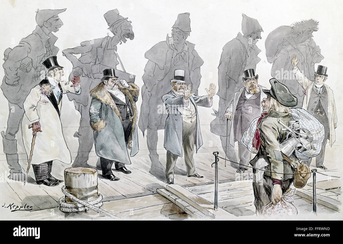 L'IMMIGRAZIONE CARTOON, 1893. /N'guardando indietro': fumetto americano, 1893, su immigrati europei rapida assimilazione & antipatia di nuovi poveri arrivi. Foto Stock