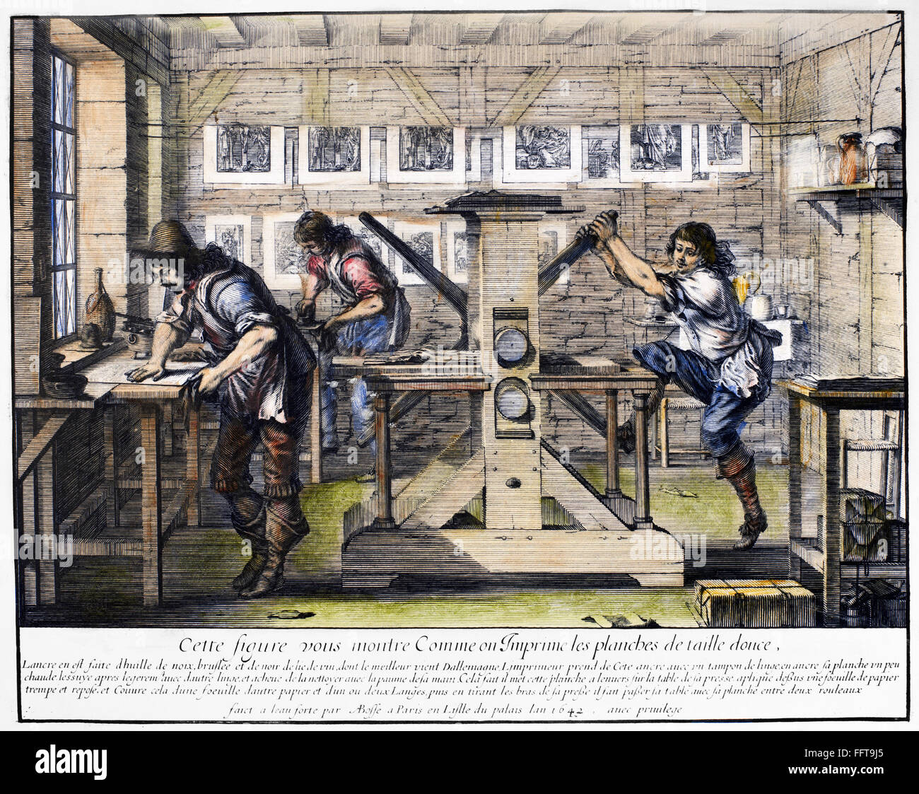 Stampa parigina SHOP, 1643. /Nil facendo di rame-piastra incisioni in un parigino di print shop. Incisione su rame, francese, 1643. Foto Stock